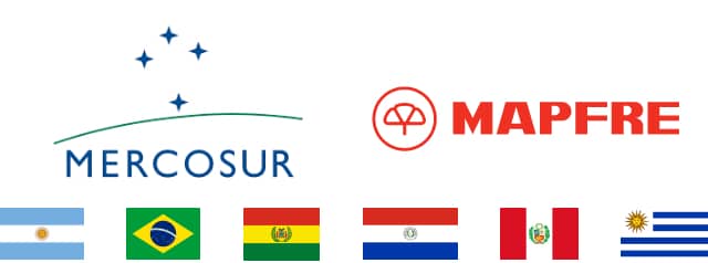 Imagen representativa del Seguro RCI Mercosur Transporte Pasajeros, contiene l imagen corporativa del Mercosur y Mapfre junto a la bandera de Argentina, Brasil, Bolivia, Paraguay, Peru y Uruguay.